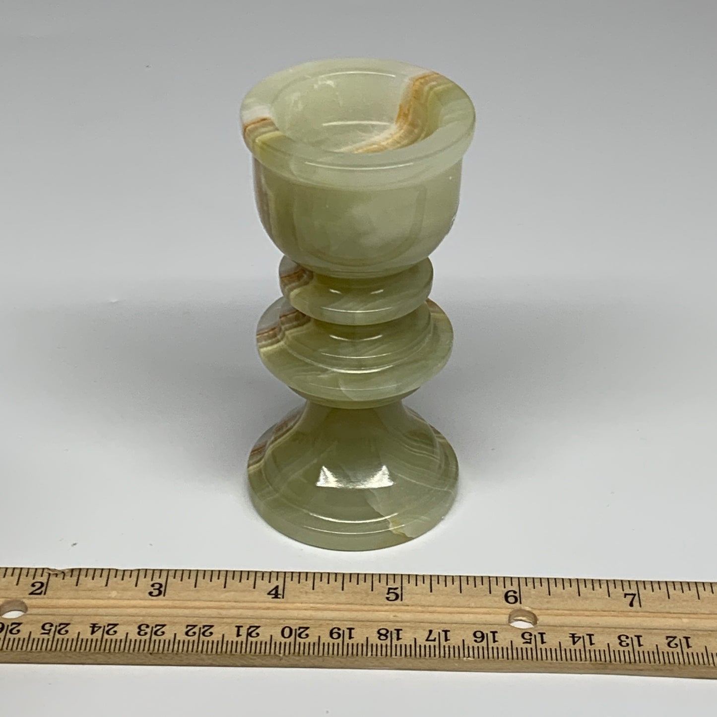 255g, 3.9"x1.9", Natural Green Onyx Candle Holder Gemstone Hand Carved, B32155