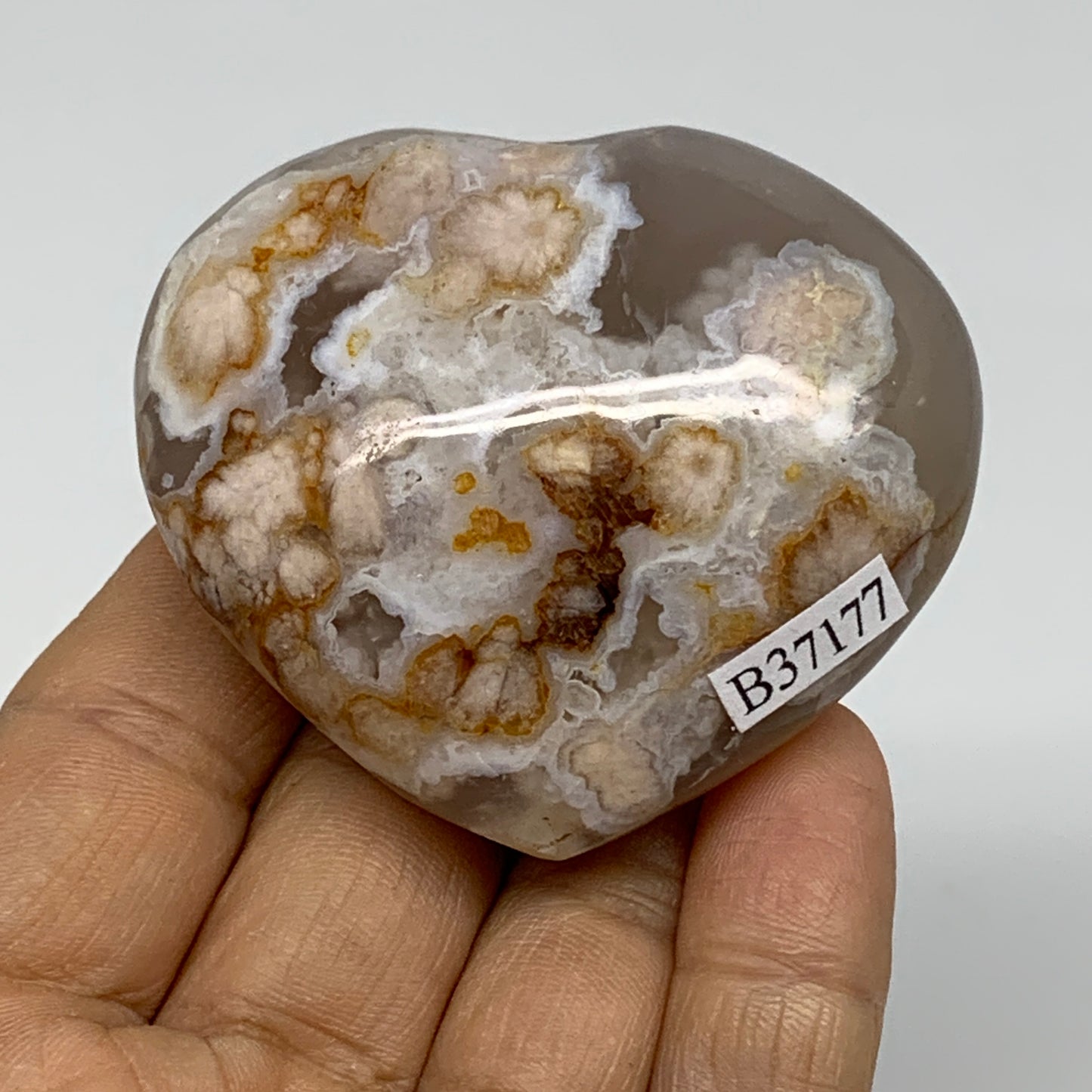 0.24 lbs, 2.1"x2.4"x1", Cherry Blossom Flower Agate Heart Crystal, B37177