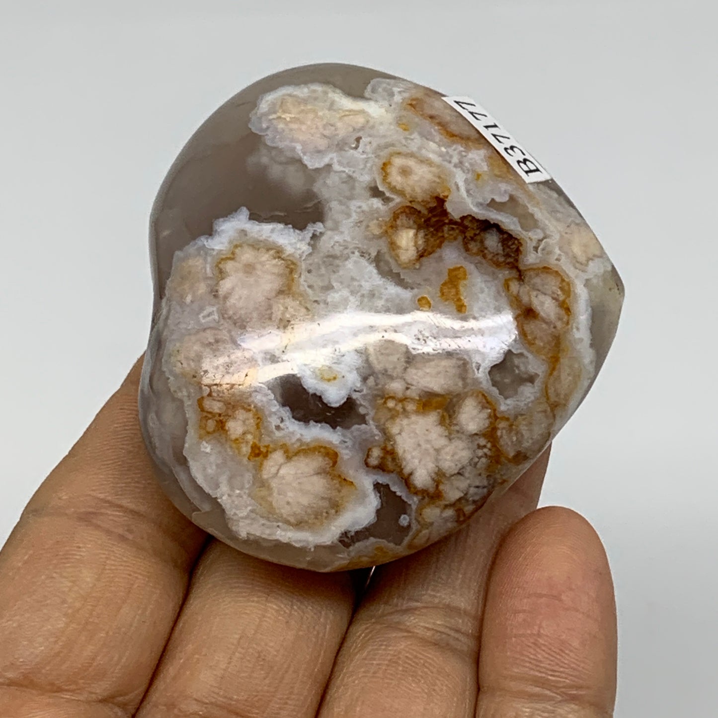 0.24 lbs, 2.1"x2.4"x1", Cherry Blossom Flower Agate Heart Crystal, B37177