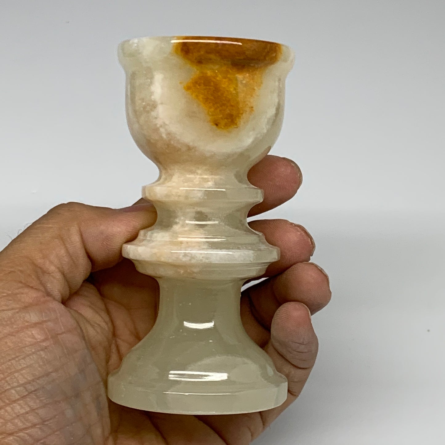 257g, 3.8"x1.9", Natural Green Onyx Candle Holder Gemstone Hand Carved, B32157