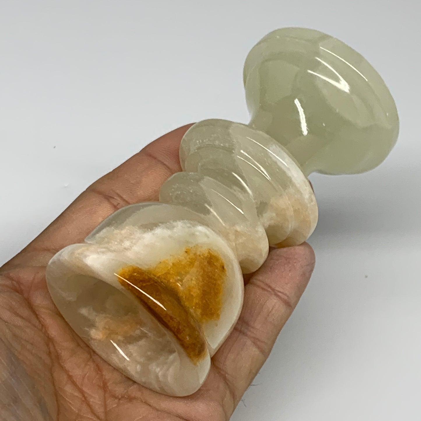 257g, 3.8"x1.9", Natural Green Onyx Candle Holder Gemstone Hand Carved, B32157