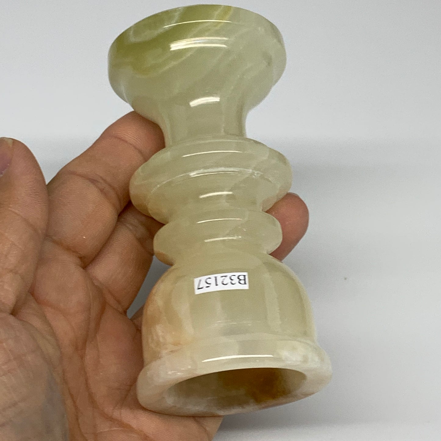 257g, 3.8"x1.9", Natural Green Onyx Candle Holder Gemstone Hand Carved, B32157