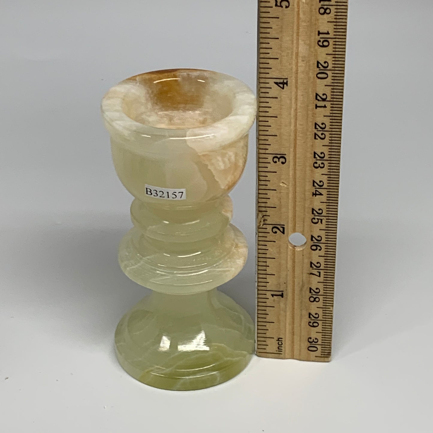 257g, 3.8"x1.9", Natural Green Onyx Candle Holder Gemstone Hand Carved, B32157