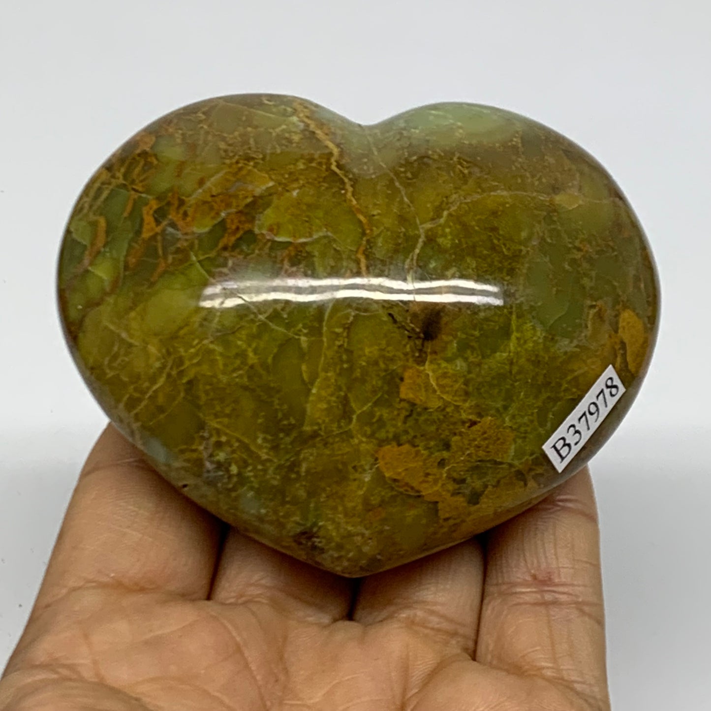 0.45 lbs, 2.5"x3.1"x1.5", Green Opal Heart Polished Gemstone Crystal, B37978