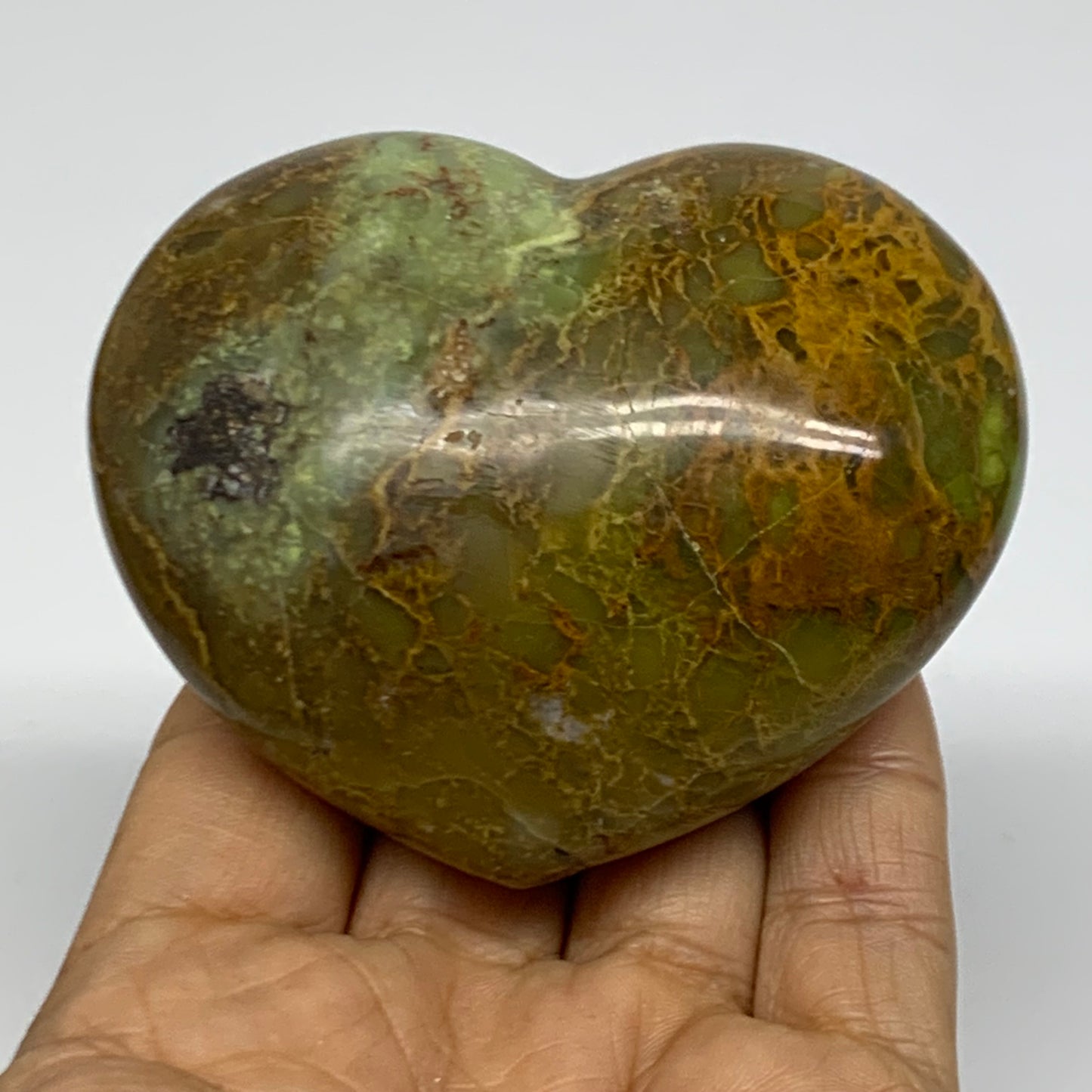 0.45 lbs, 2.5"x3.1"x1.5", Green Opal Heart Polished Gemstone Crystal, B37978