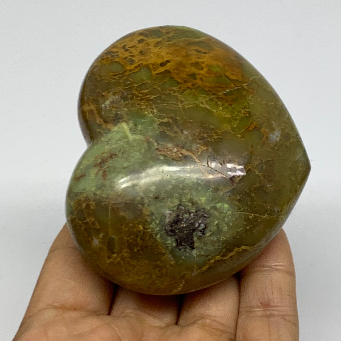 0.45 lbs, 2.5"x3.1"x1.5", Green Opal Heart Polished Gemstone Crystal, B37978