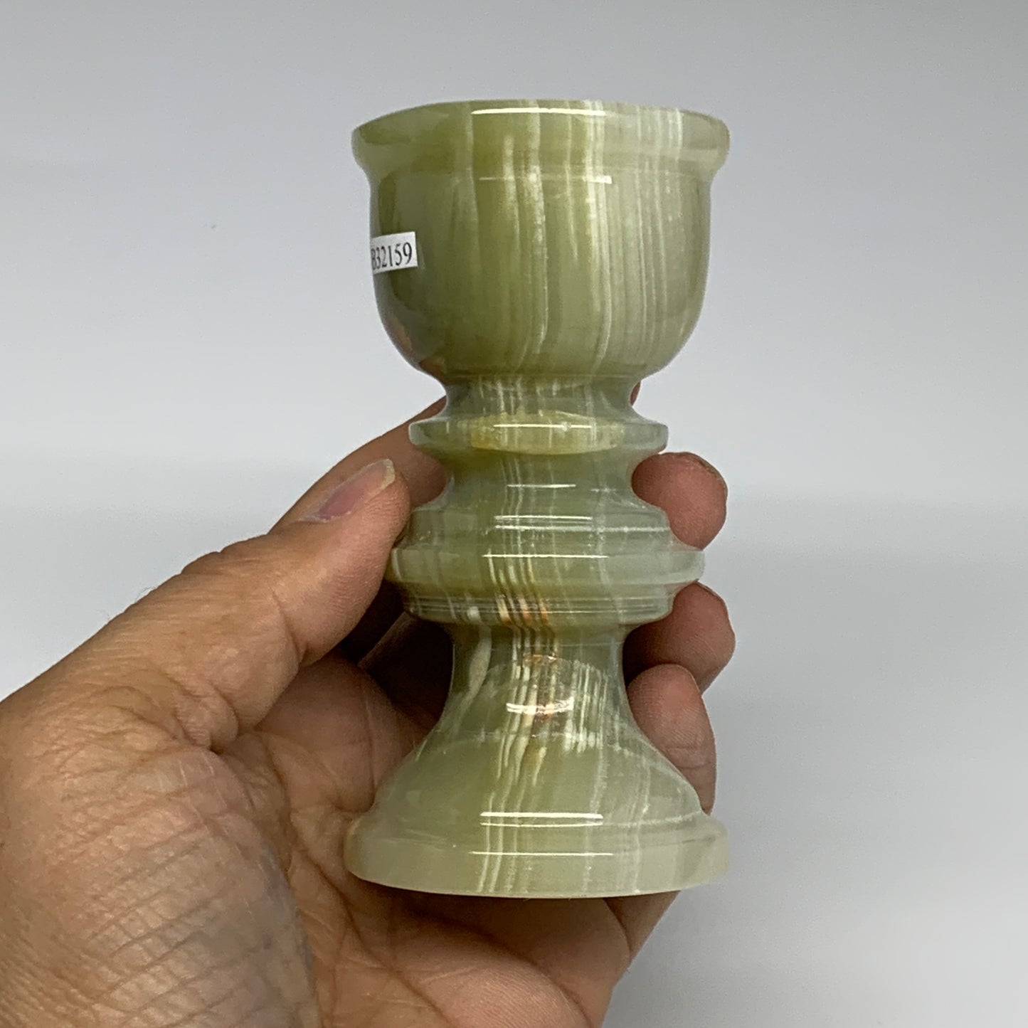 263g, 3.8"x1.9", Natural Green Onyx Candle Holder Gemstone Hand Carved, B32159