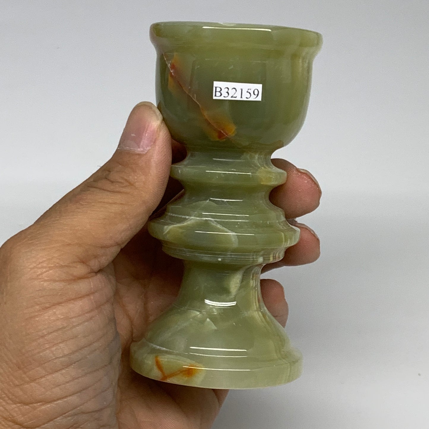 263g, 3.8"x1.9", Natural Green Onyx Candle Holder Gemstone Hand Carved, B32159
