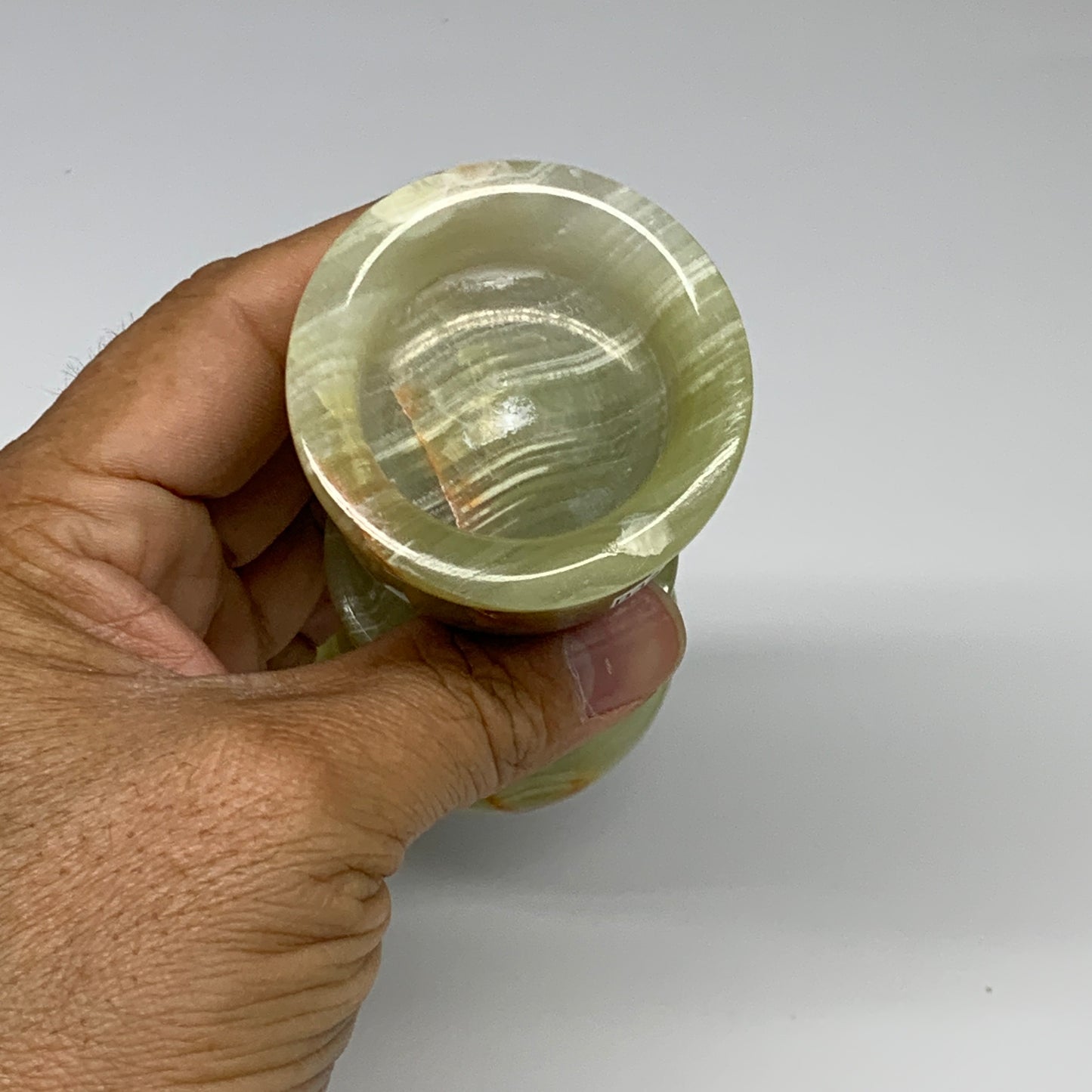 263g, 3.8"x1.9", Natural Green Onyx Candle Holder Gemstone Hand Carved, B32159