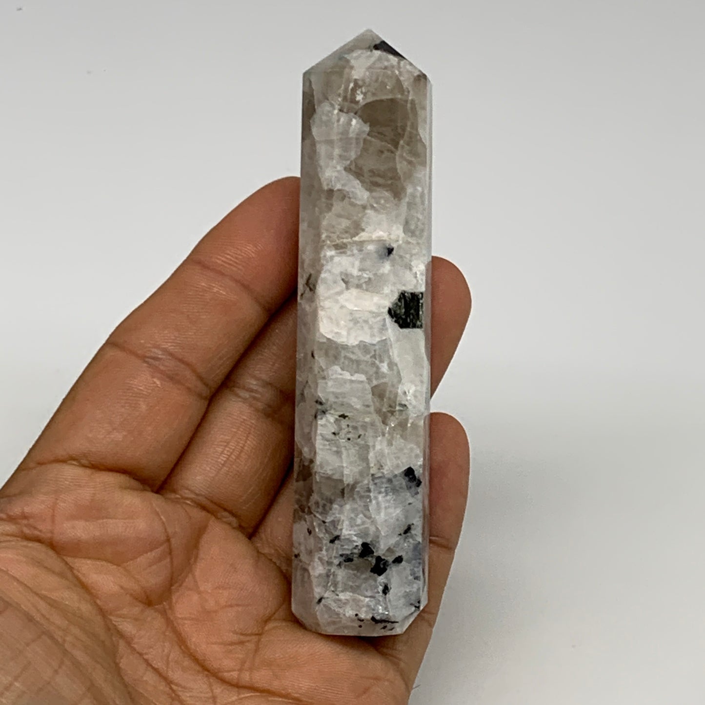 93.3g, 3.9"x0.8", Rainbow Moonstone Tower Obelisk Point Crystal @India, B29269