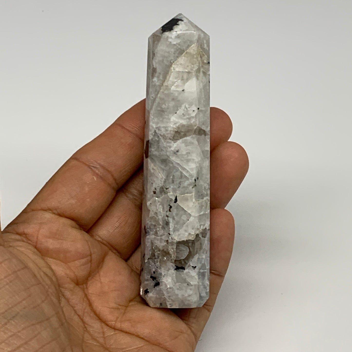 93.3g, 3.9"x0.8", Rainbow Moonstone Tower Obelisk Point Crystal @India, B29269