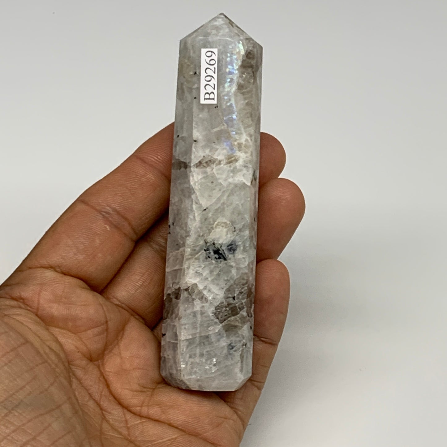 93.3g, 3.9"x0.8", Rainbow Moonstone Tower Obelisk Point Crystal @India, B29269