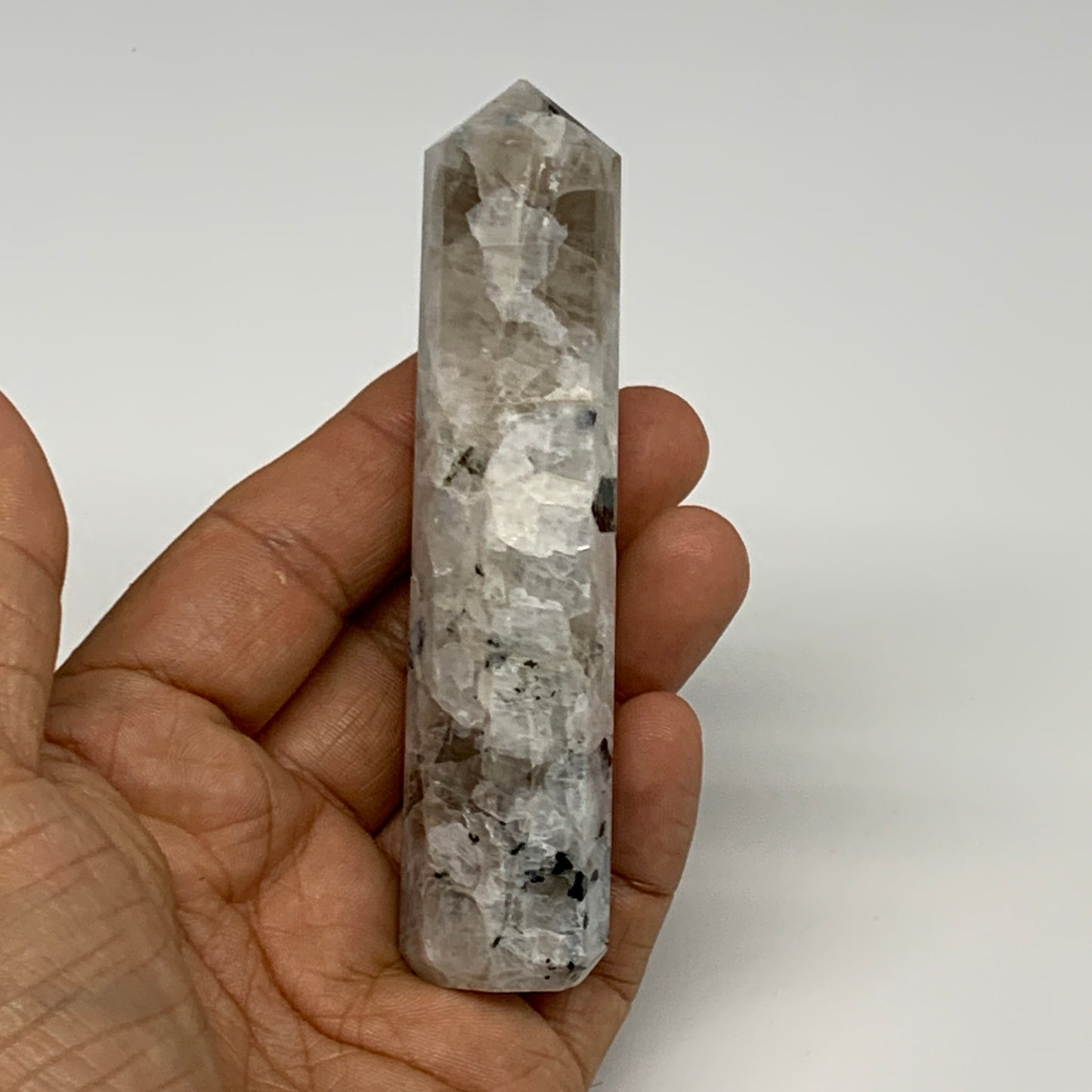 93.3g, 3.9"x0.8", Rainbow Moonstone Tower Obelisk Point Crystal @India, B29269
