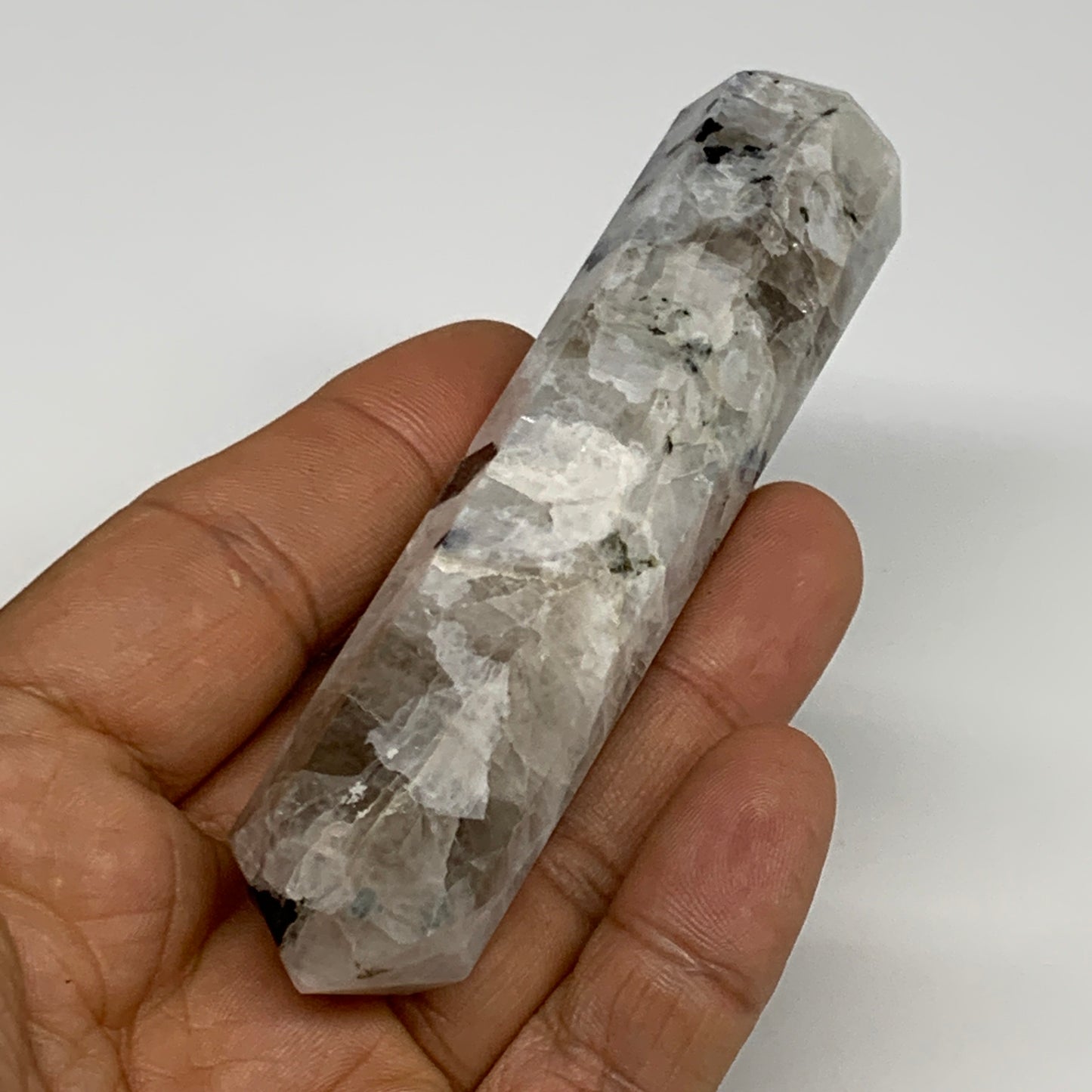 93.3g, 3.9"x0.8", Rainbow Moonstone Tower Obelisk Point Crystal @India, B29269