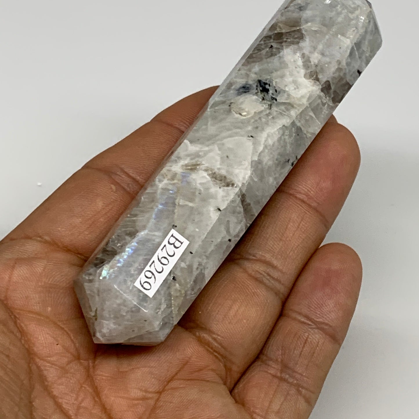 93.3g, 3.9"x0.8", Rainbow Moonstone Tower Obelisk Point Crystal @India, B29269