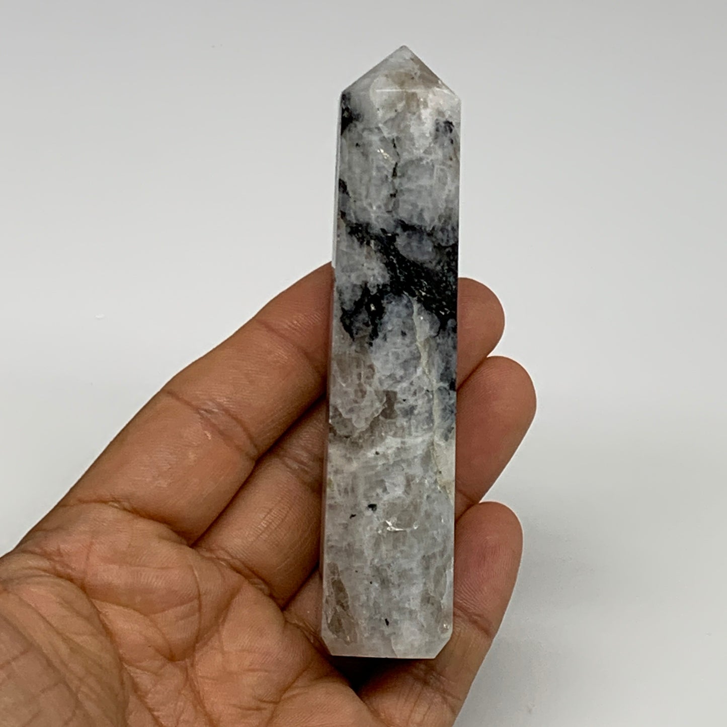 85.7g, 4"x0.8", Rainbow Moonstone Tower Obelisk Point Crystal @India, B29268