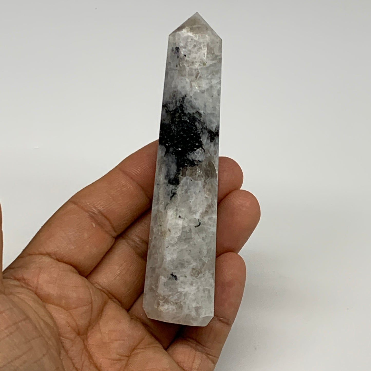 85.7g, 4"x0.8", Rainbow Moonstone Tower Obelisk Point Crystal @India, B29268