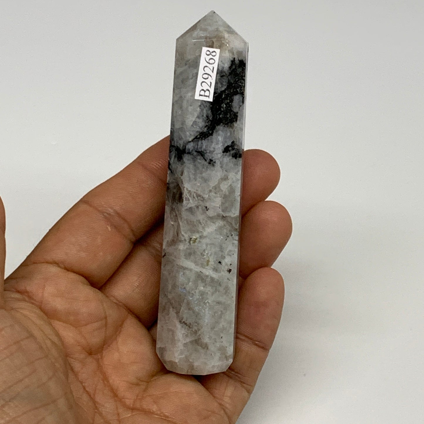 85.7g, 4"x0.8", Rainbow Moonstone Tower Obelisk Point Crystal @India, B29268