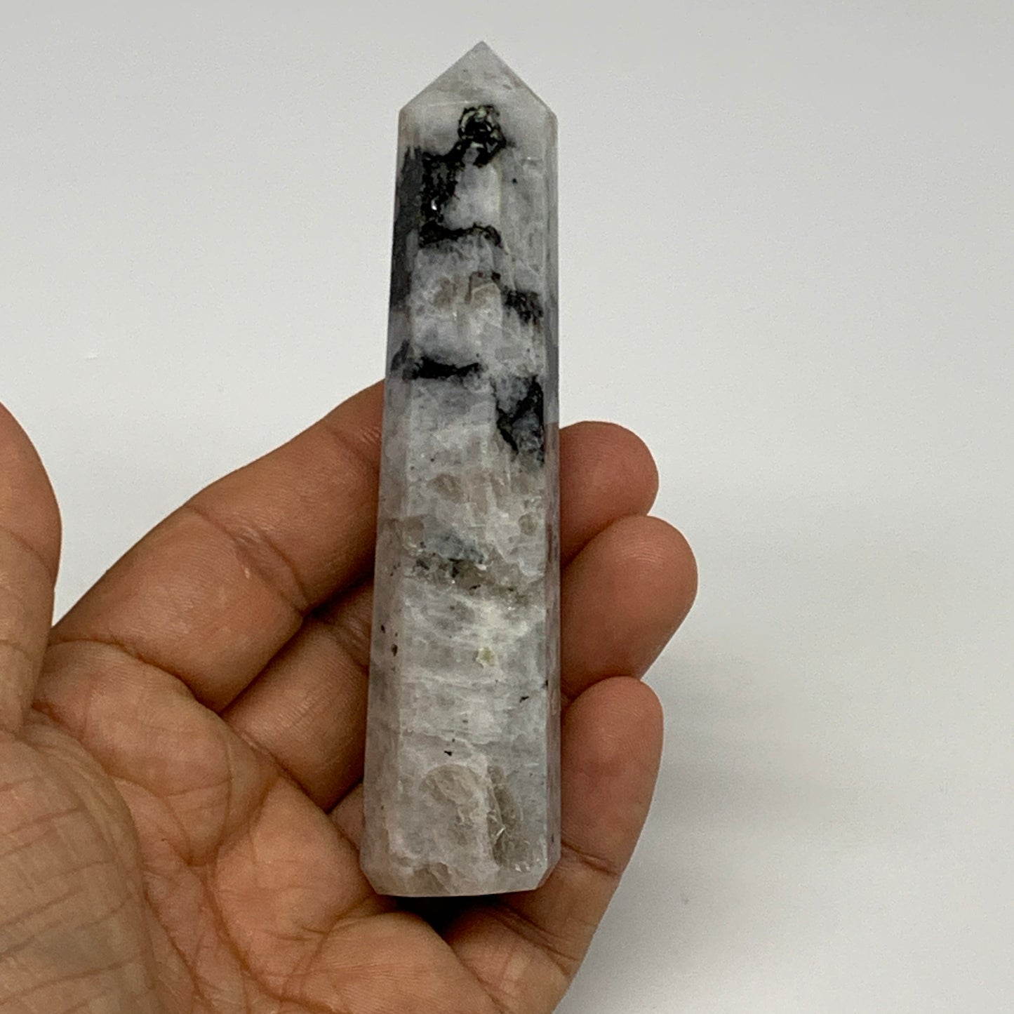 85.7g, 4"x0.8", Rainbow Moonstone Tower Obelisk Point Crystal @India, B29268