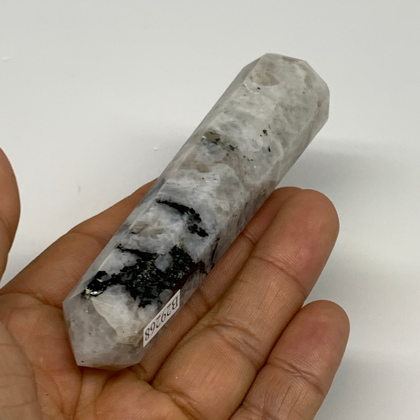 85.7g, 4"x0.8", Rainbow Moonstone Tower Obelisk Point Crystal @India, B29268