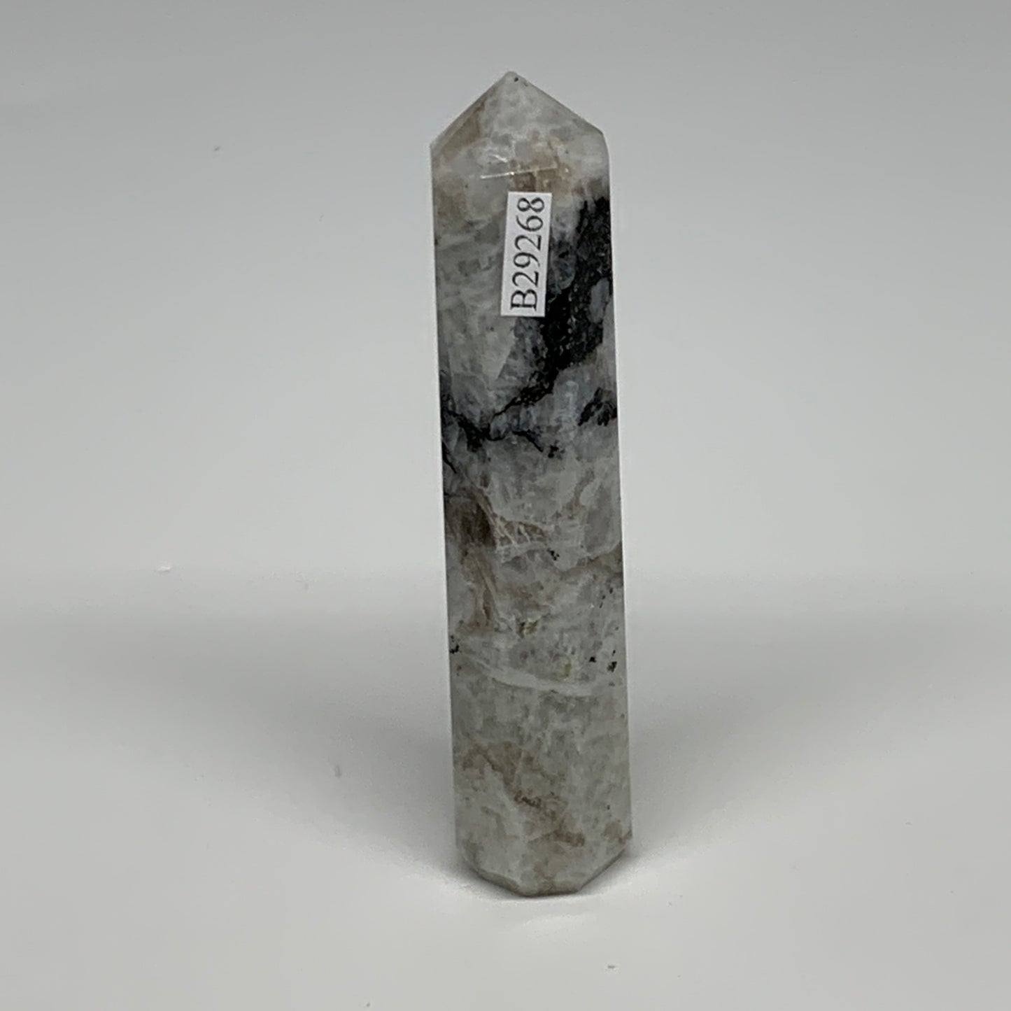 85.7g, 4"x0.8", Rainbow Moonstone Tower Obelisk Point Crystal @India, B29268