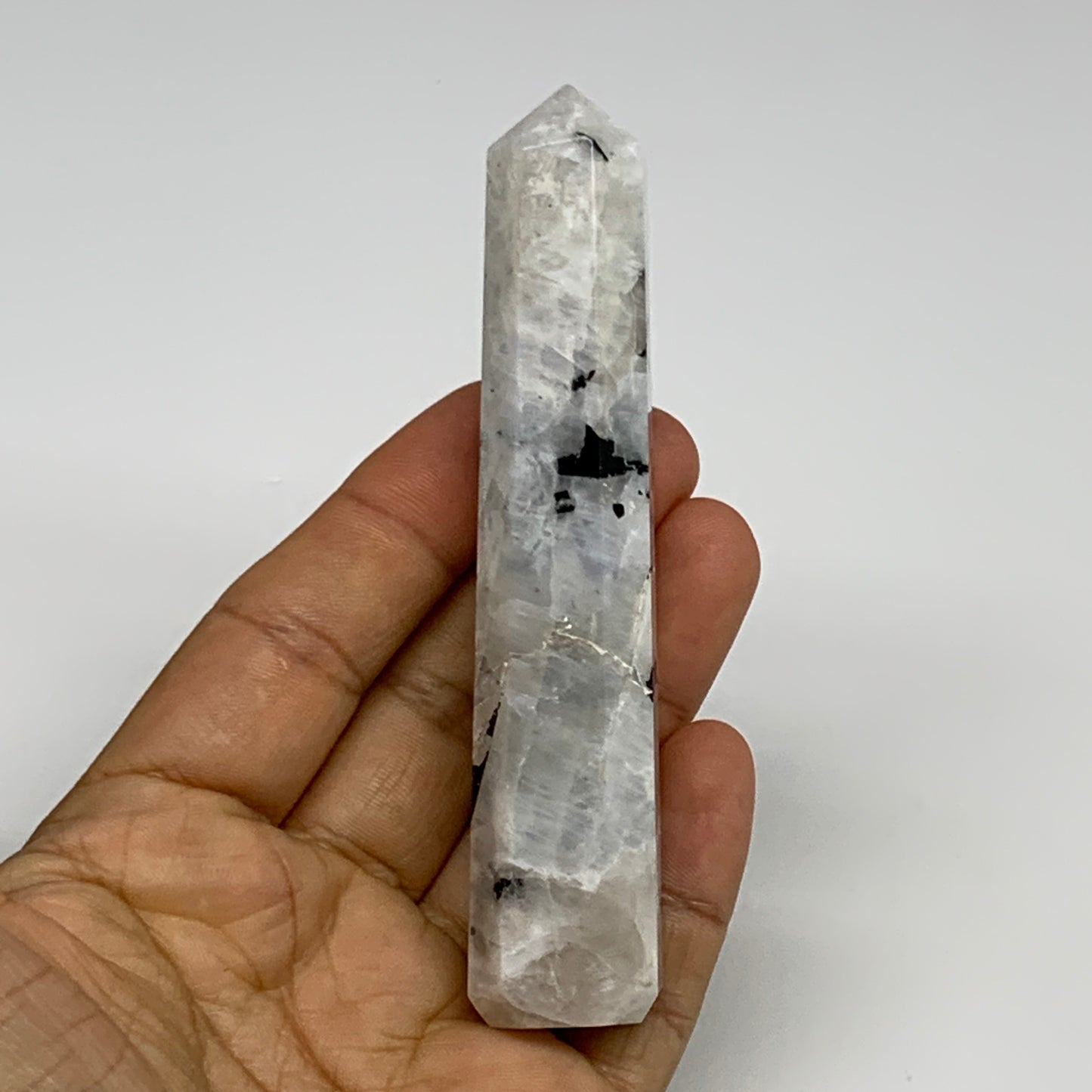 90.3g, 4.2"x0.8", Rainbow Moonstone Tower Obelisk Point Crystal @India, B29267