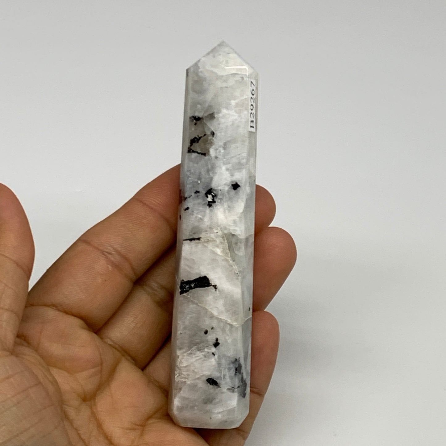 90.3g, 4.2"x0.8", Rainbow Moonstone Tower Obelisk Point Crystal @India, B29267