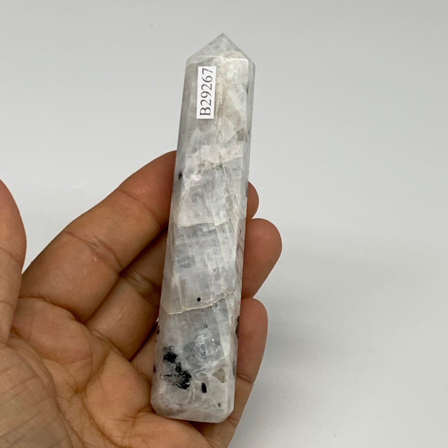 90.3g, 4.2"x0.8", Rainbow Moonstone Tower Obelisk Point Crystal @India, B29267