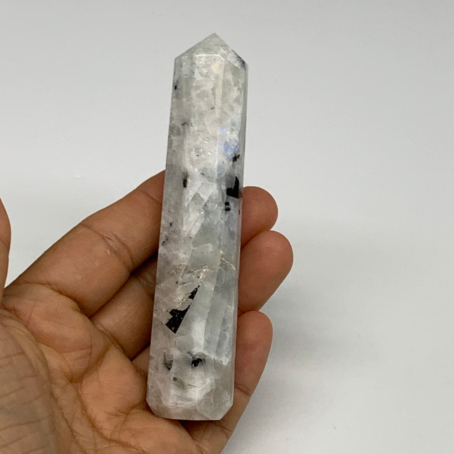 90.3g, 4.2"x0.8", Rainbow Moonstone Tower Obelisk Point Crystal @India, B29267