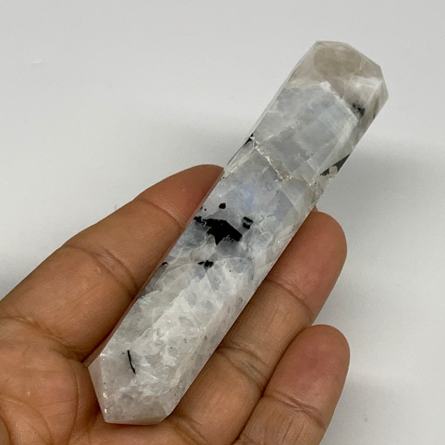 90.3g, 4.2"x0.8", Rainbow Moonstone Tower Obelisk Point Crystal @India, B29267