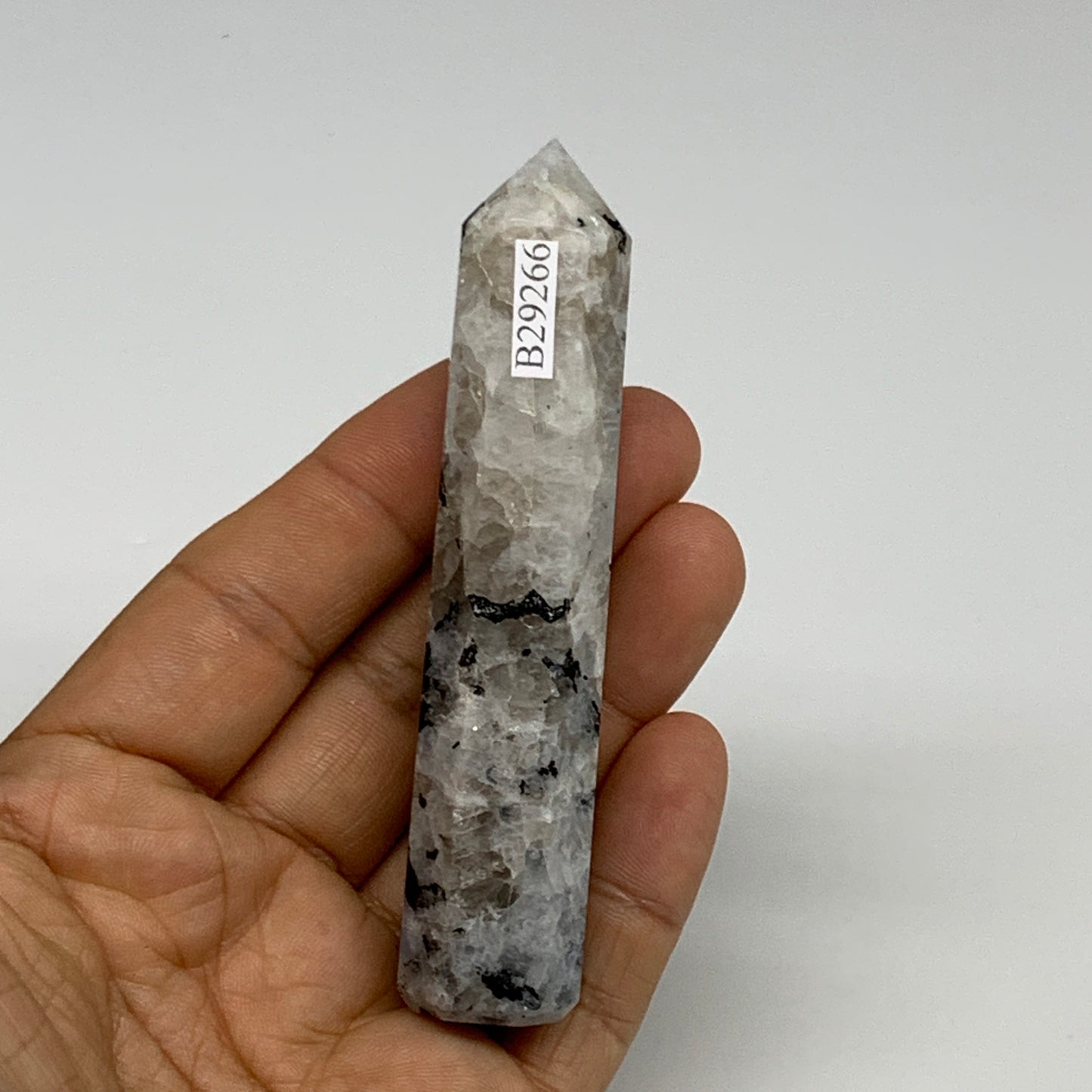 71.1g, 3.7"x0.8", Rainbow Moonstone Tower Obelisk Point Crystal @India, B29266