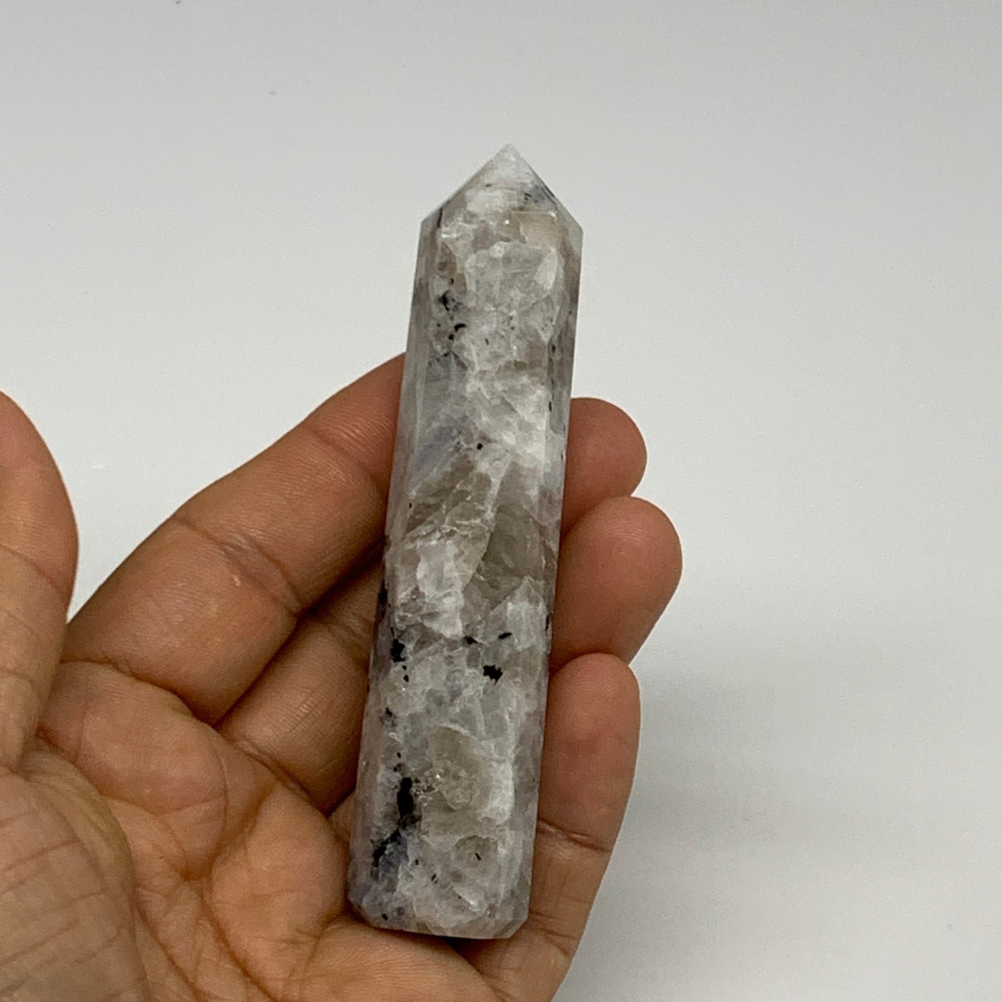71.1g, 3.7"x0.8", Rainbow Moonstone Tower Obelisk Point Crystal @India, B29266