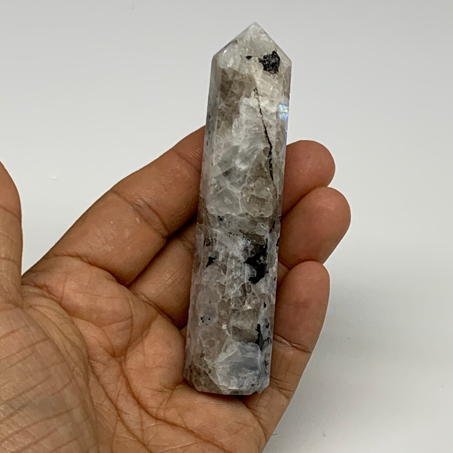 71.1g, 3.7"x0.8", Rainbow Moonstone Tower Obelisk Point Crystal @India, B29266