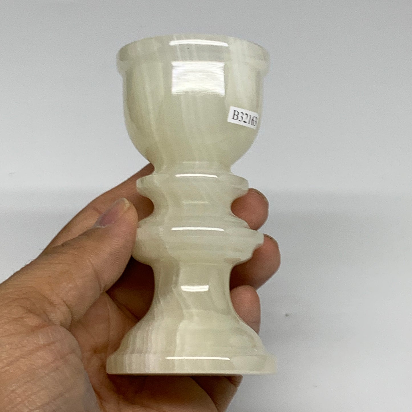 234g, 3.8"x1.9", Natural Green Onyx Candle Holder Gemstone Hand Carved, B32163