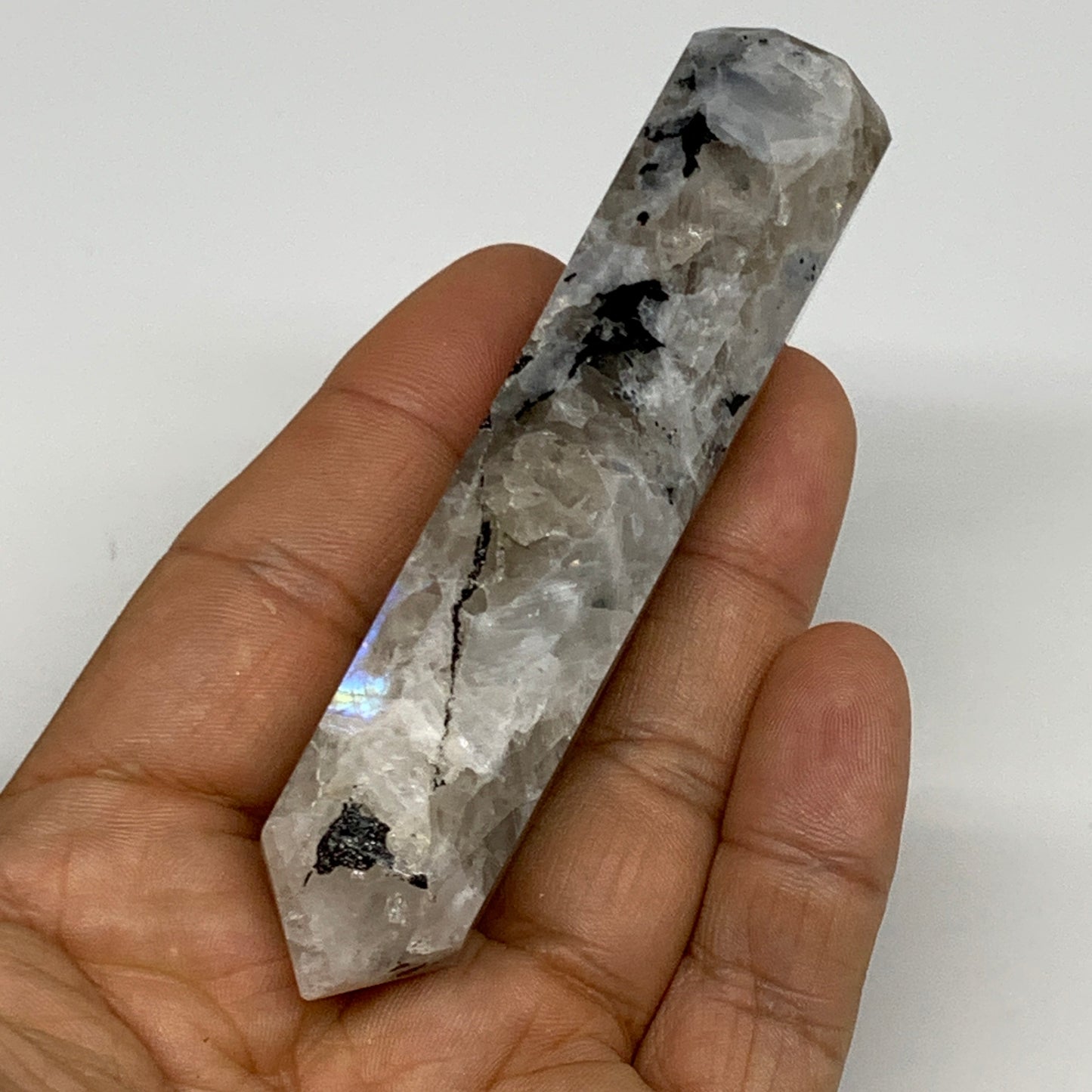 71.1g, 3.7"x0.8", Rainbow Moonstone Tower Obelisk Point Crystal @India, B29266