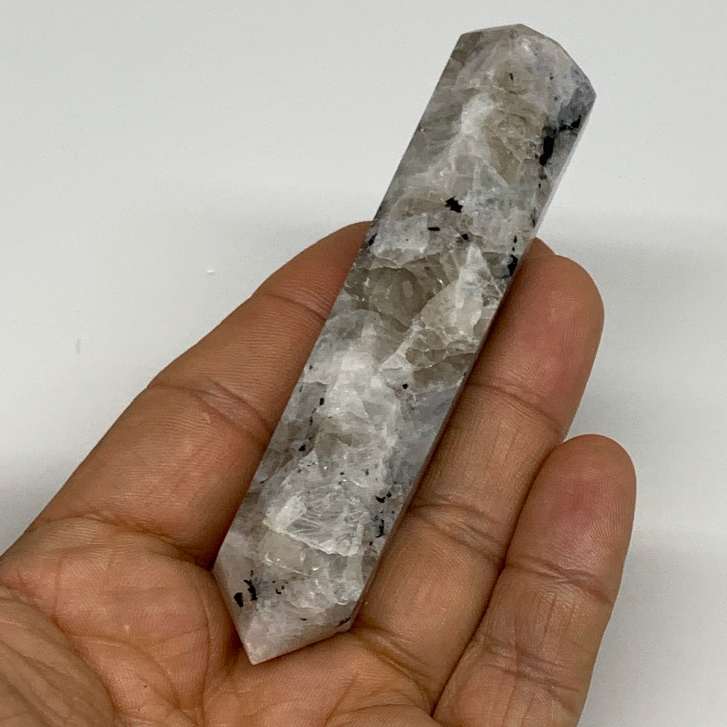 71.1g, 3.7"x0.8", Rainbow Moonstone Tower Obelisk Point Crystal @India, B29266