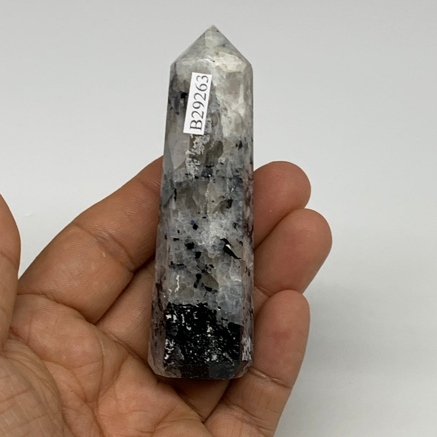 76g, 3.3"x0.9", Rainbow Moonstone Tower Obelisk Point Crystal @India, B29263