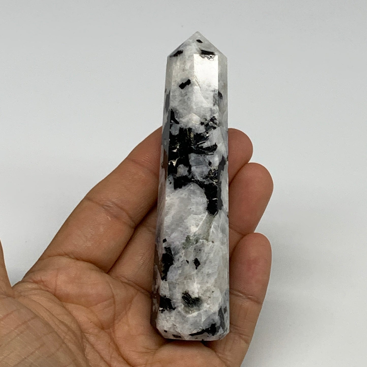 91.8g, 3.9"x0.9", Rainbow Moonstone Tower Obelisk Point Crystal @India, B29262