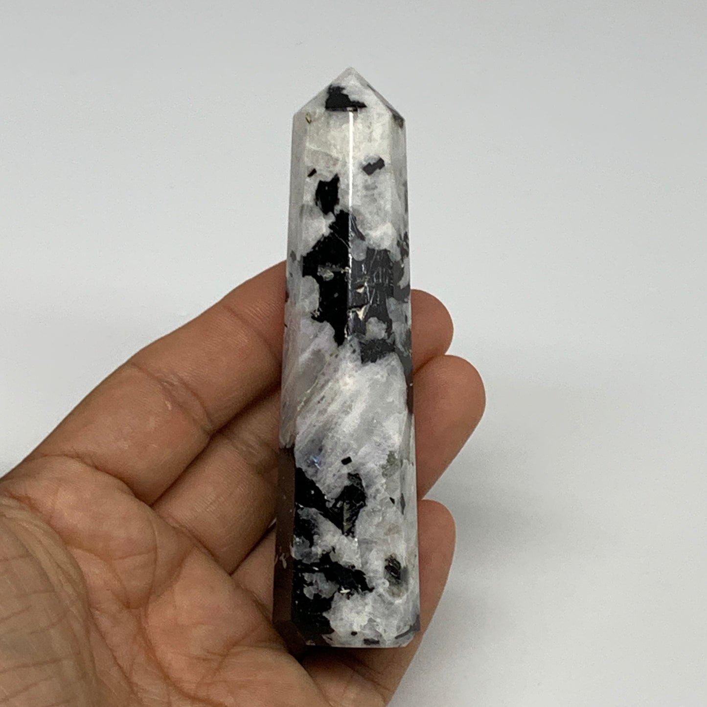 91.8g, 3.9"x0.9", Rainbow Moonstone Tower Obelisk Point Crystal @India, B29262