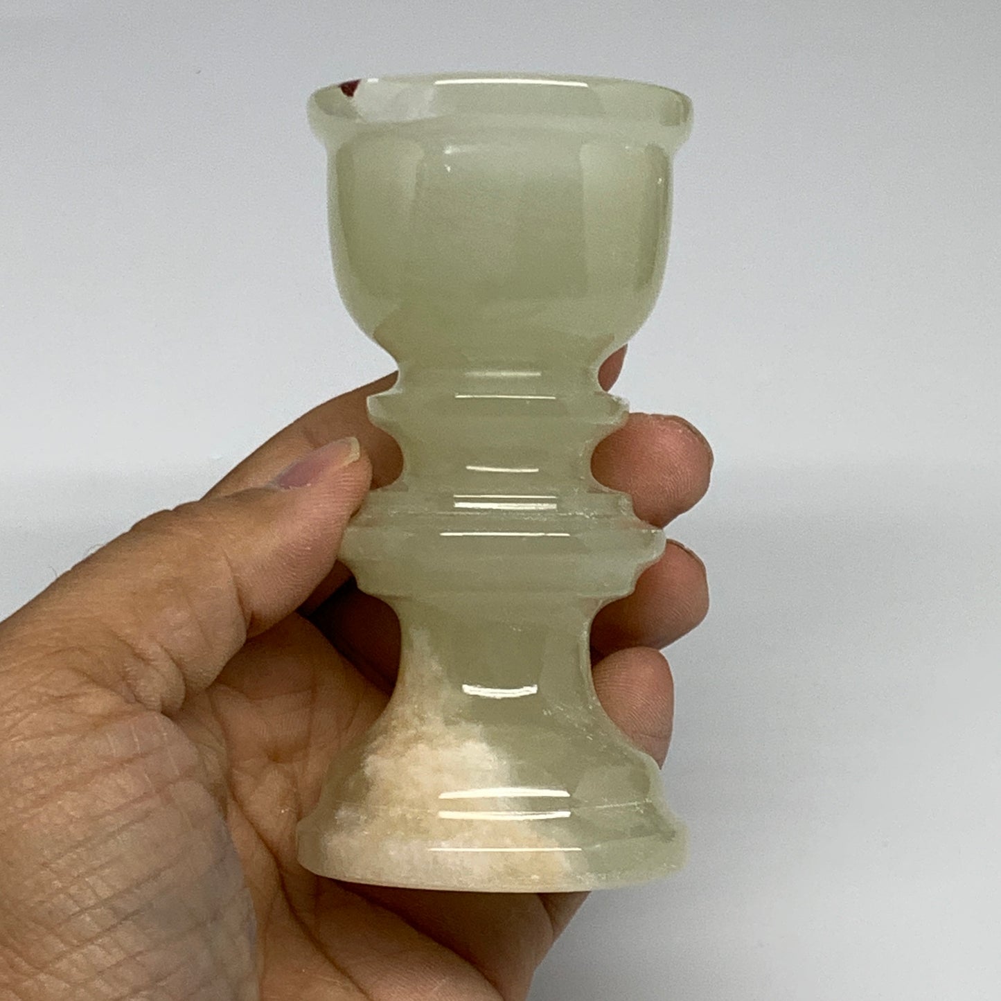 265g, 3.8"x1.9", Natural Green Onyx Candle Holder Gemstone Hand Carved, B32166