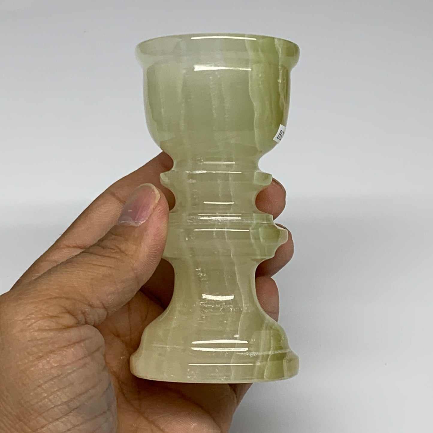 265g, 3.8"x1.9", Natural Green Onyx Candle Holder Gemstone Hand Carved, B32166