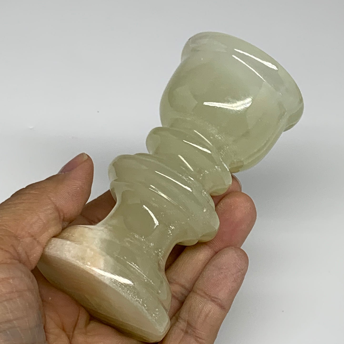 265g, 3.8"x1.9", Natural Green Onyx Candle Holder Gemstone Hand Carved, B32166
