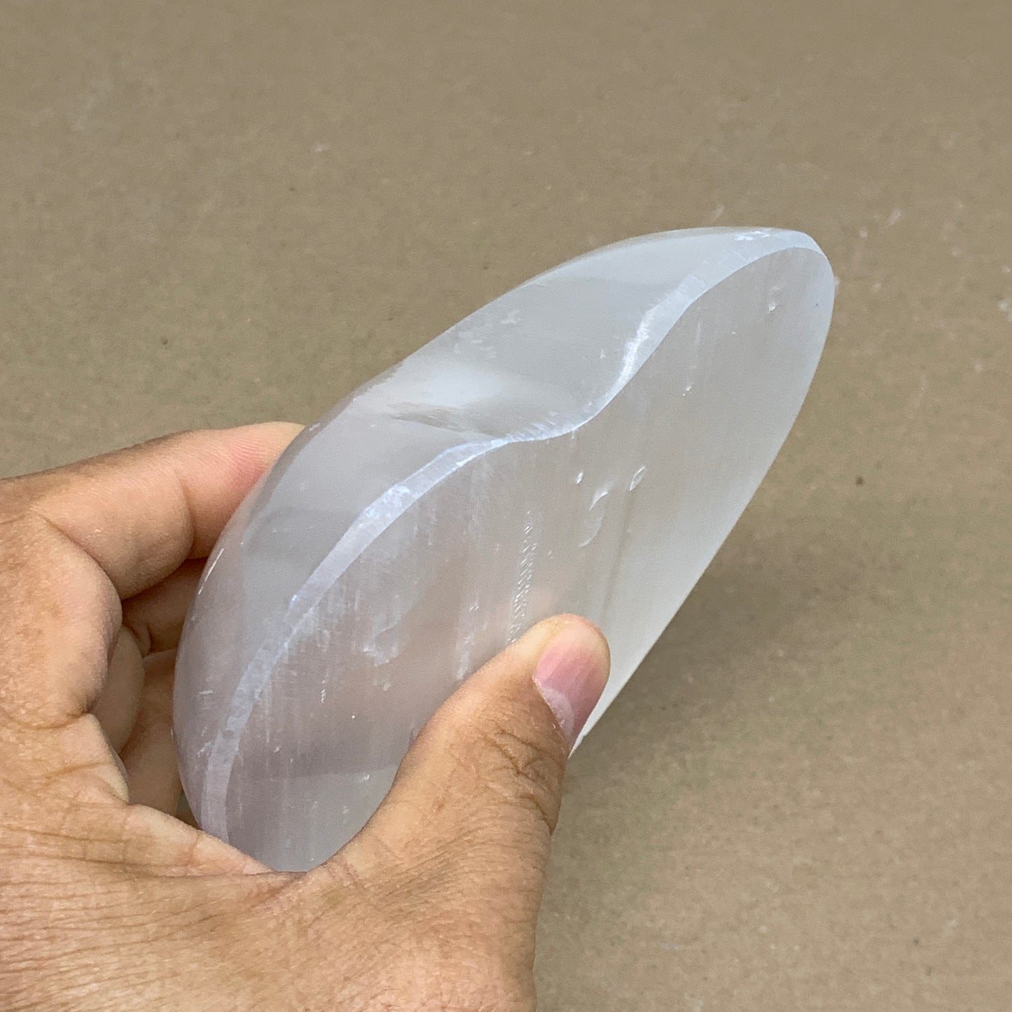 0.87 lbs, 4"x4.3"x1.2", Selenite Half Puffy Heart Crystals, Satin Spar, B36252