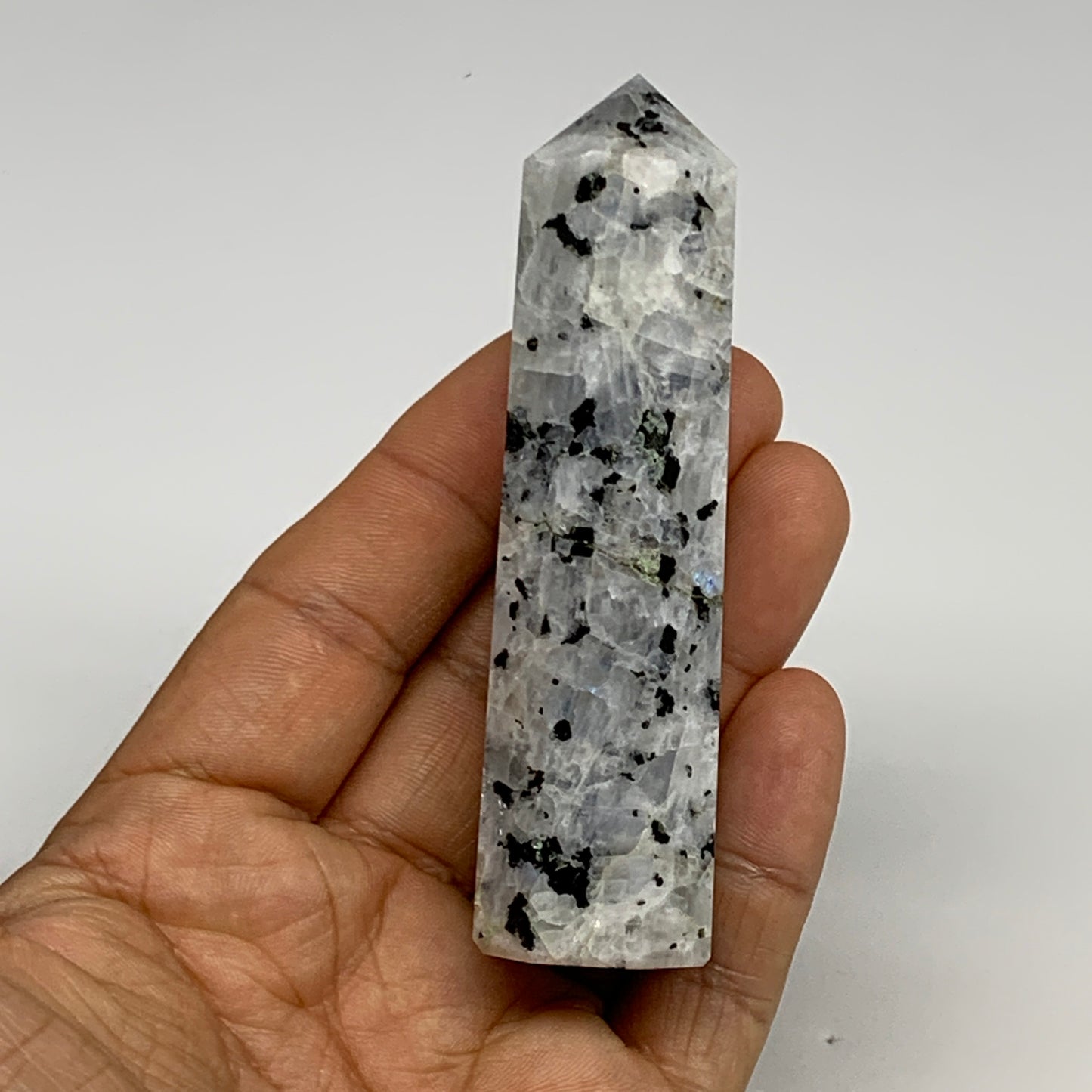 99.2g, 3.5"x0.9", Rainbow Moonstone Tower Obelisk Point Crystal @India, B29260