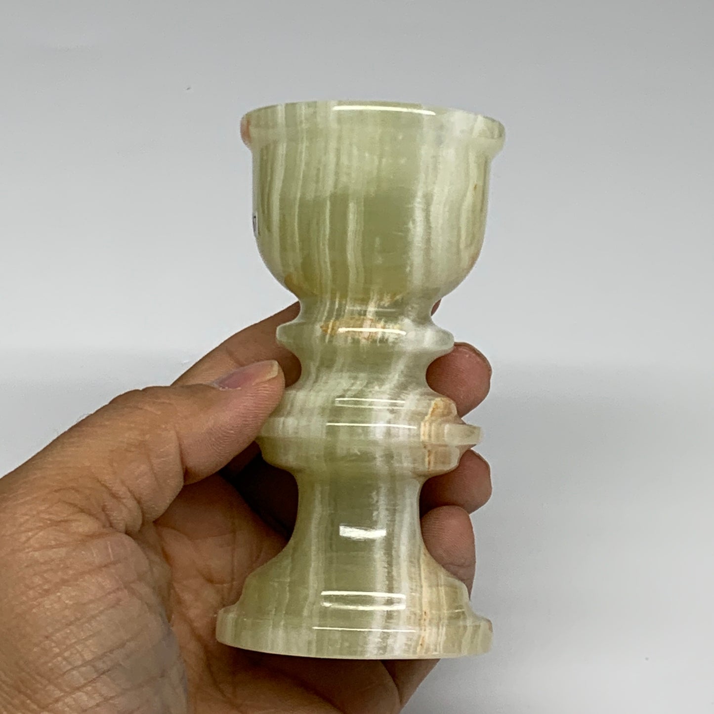 256g, 3.8"x1.9", Natural Green Onyx Candle Holder Gemstone Hand Carved, B32167