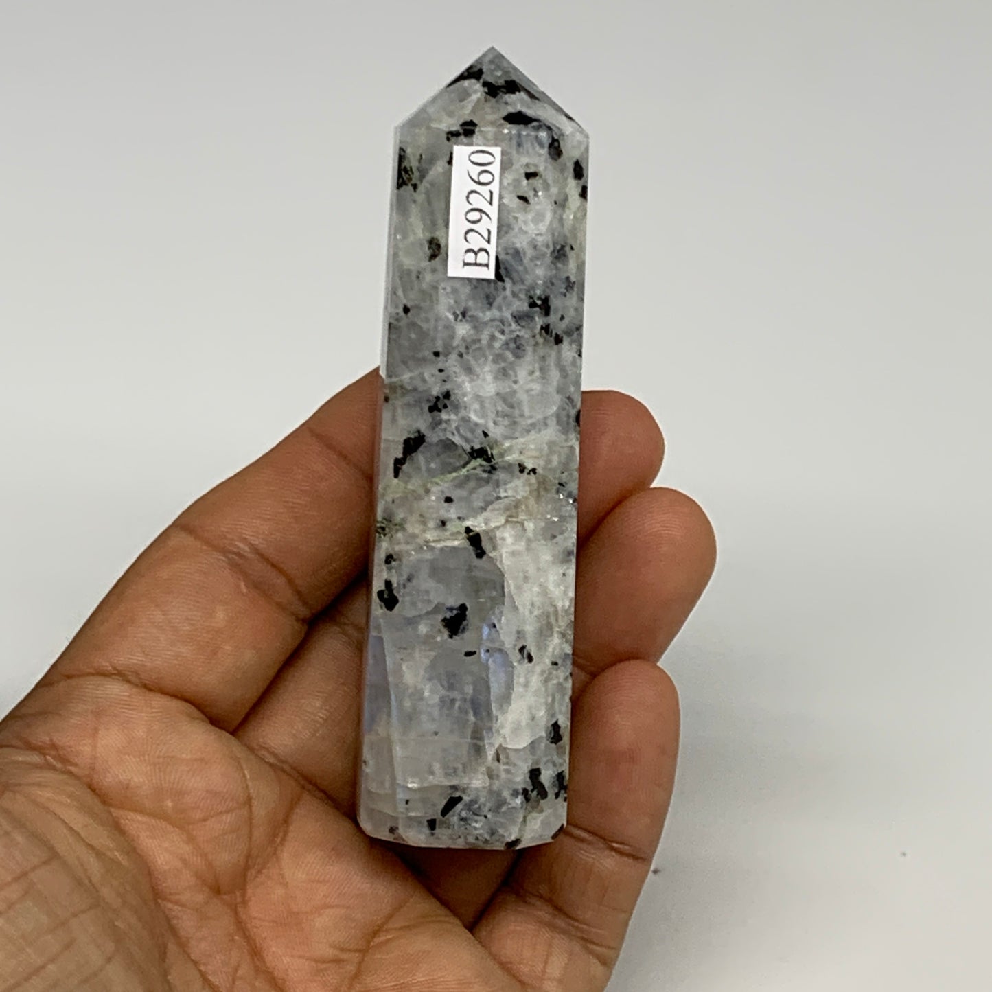99.2g, 3.5"x0.9", Rainbow Moonstone Tower Obelisk Point Crystal @India, B29260