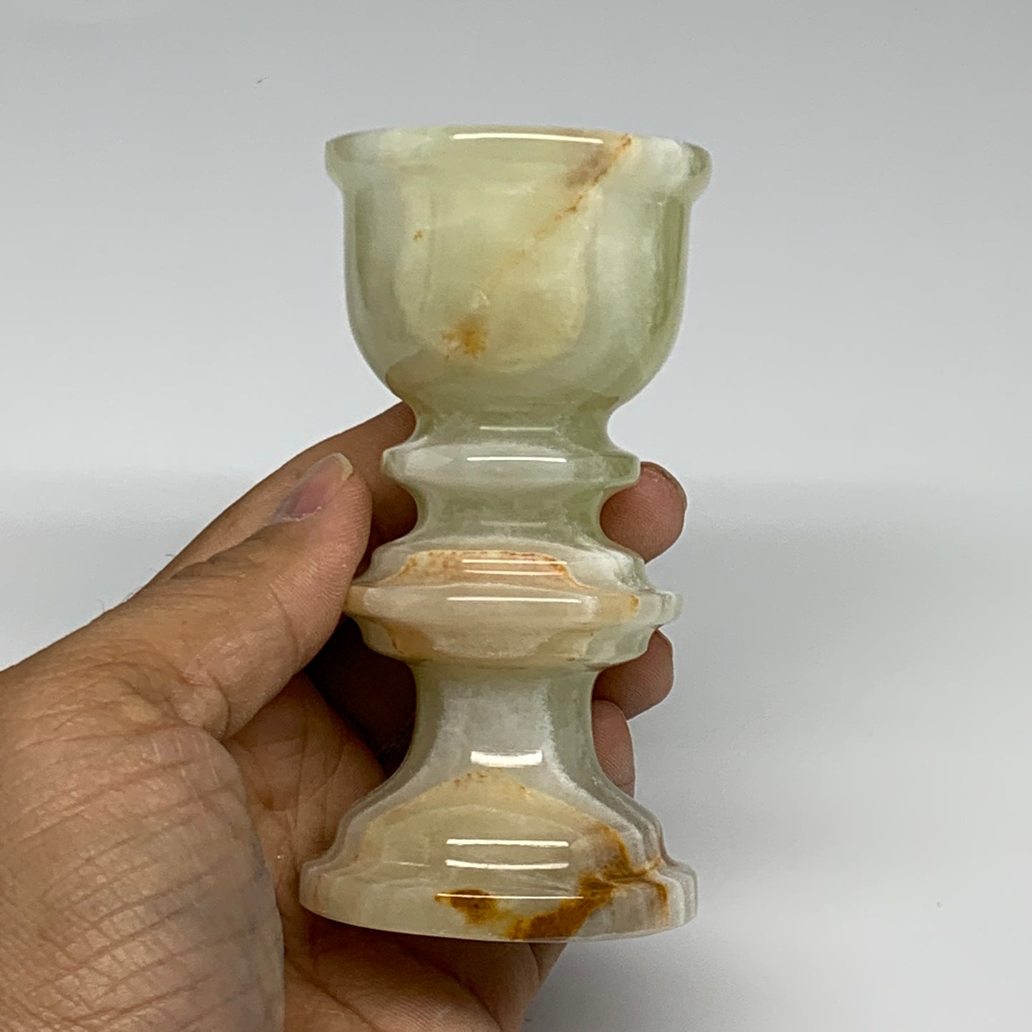 256g, 3.8"x1.9", Natural Green Onyx Candle Holder Gemstone Hand Carved, B32167