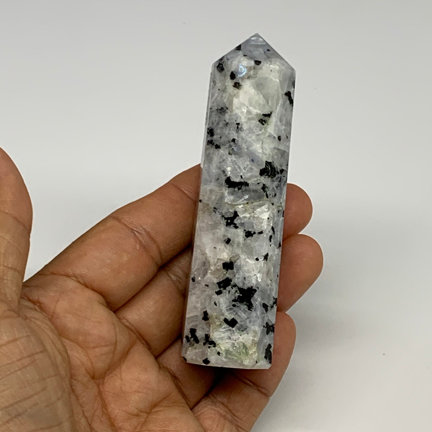 99.2g, 3.5"x0.9", Rainbow Moonstone Tower Obelisk Point Crystal @India, B29260