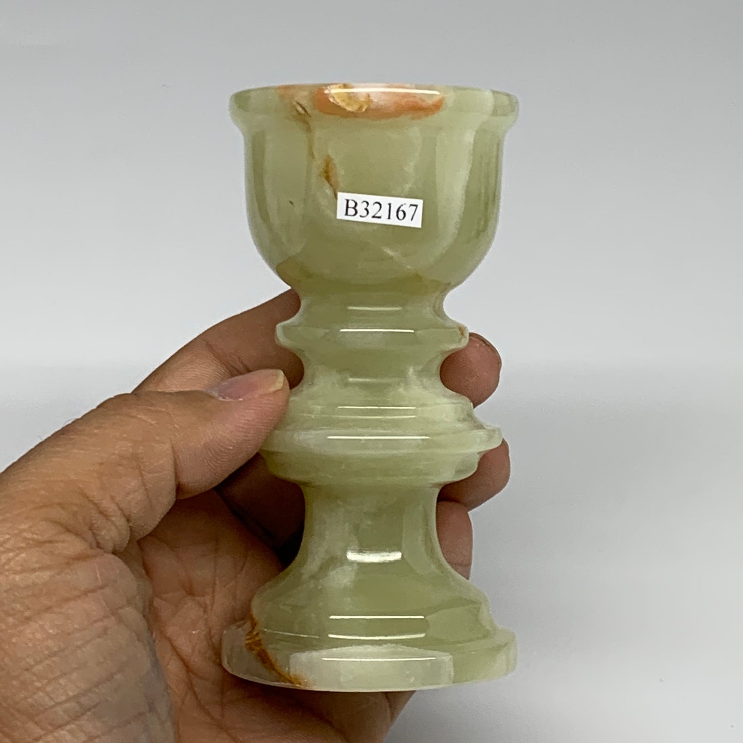 256g, 3.8"x1.9", Natural Green Onyx Candle Holder Gemstone Hand Carved, B32167
