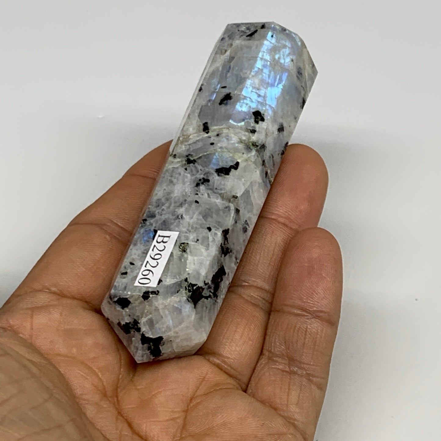 99.2g, 3.5"x0.9", Rainbow Moonstone Tower Obelisk Point Crystal @India, B29260